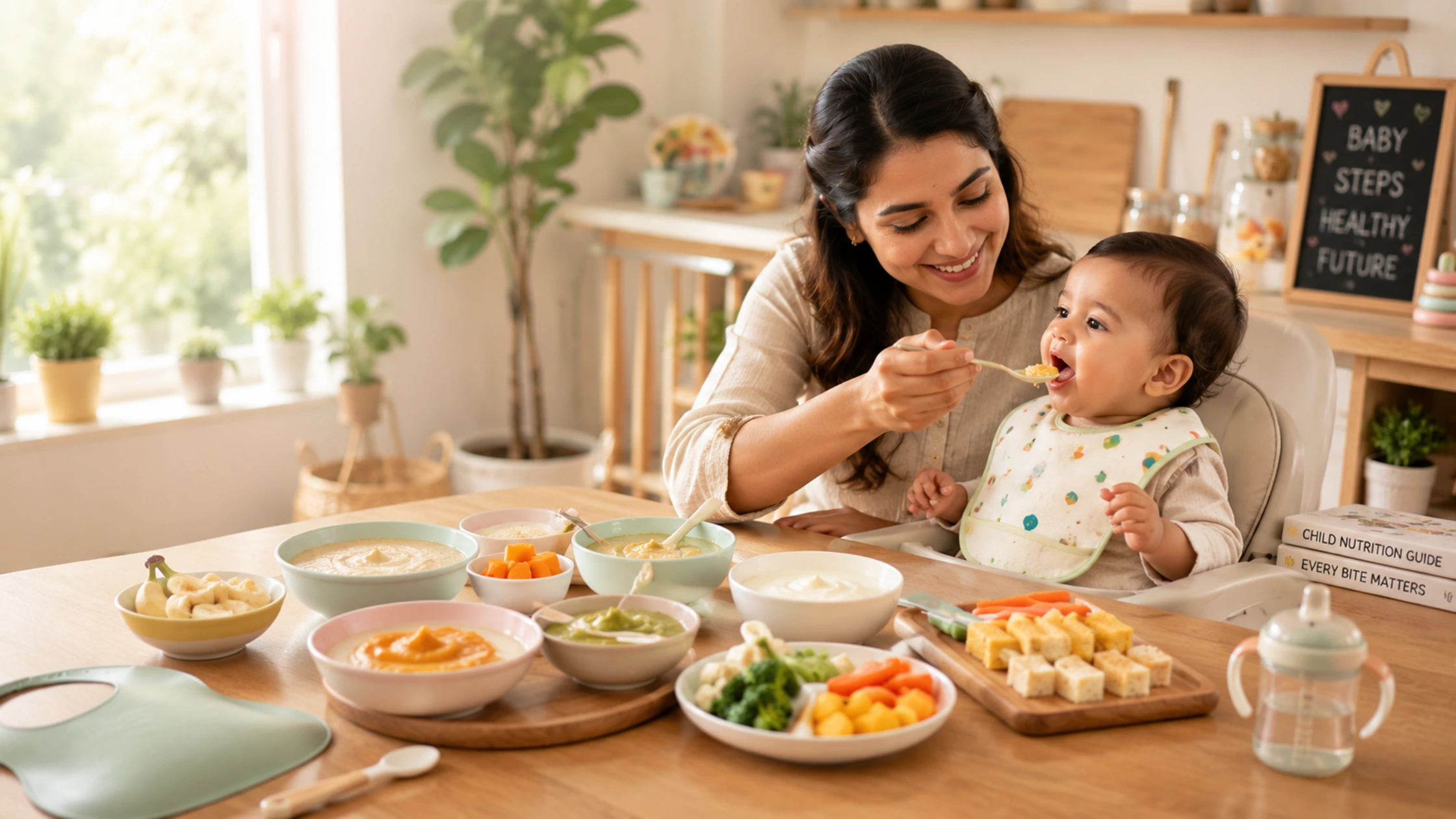 Mother feeding healthy baby food to infant during weaning stage with nutritious homemade and packaged baby food options