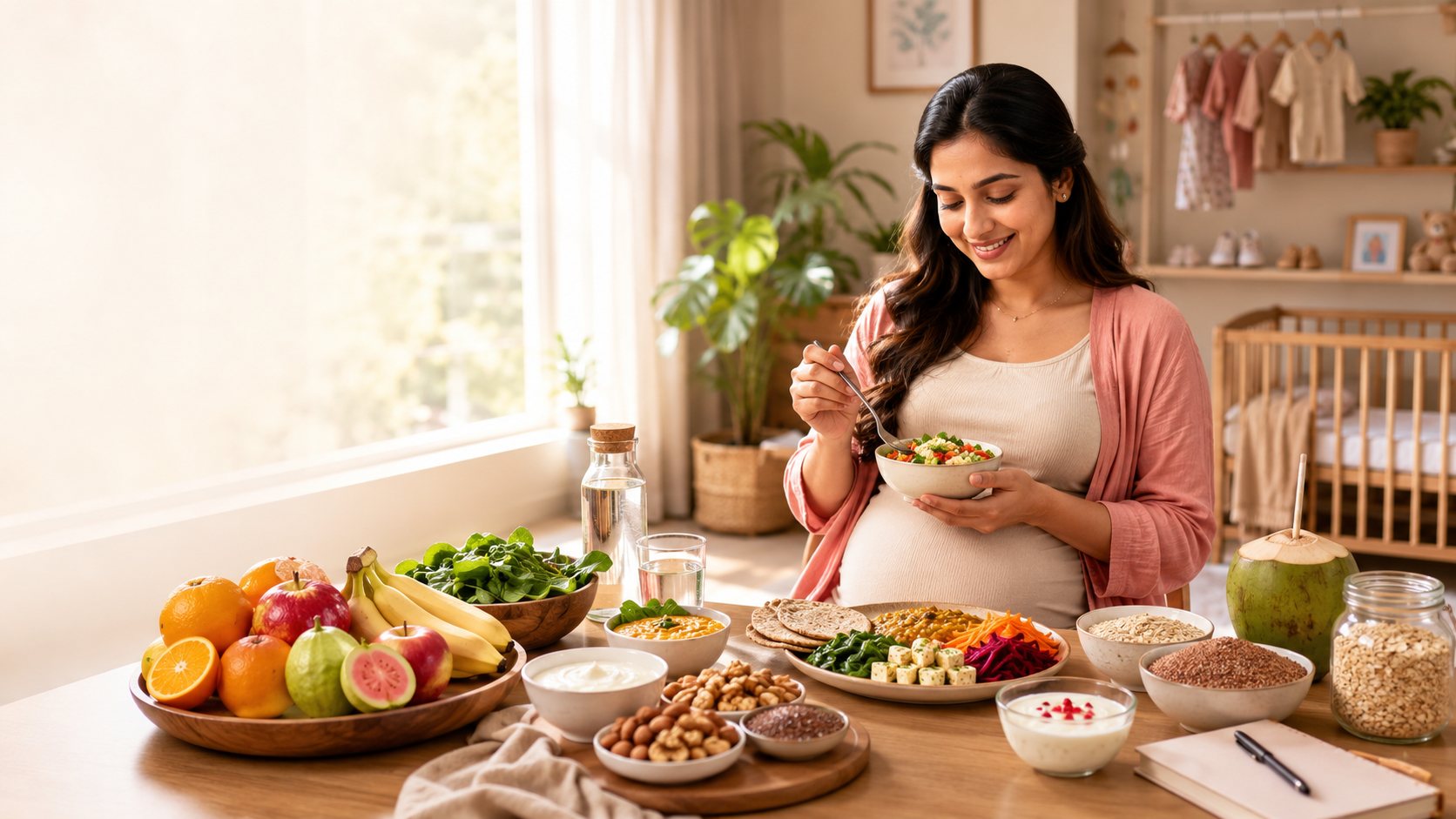 Pregnant woman enjoying a healthy balanced meal with nutritious Indian foods for pregnancy nutrition