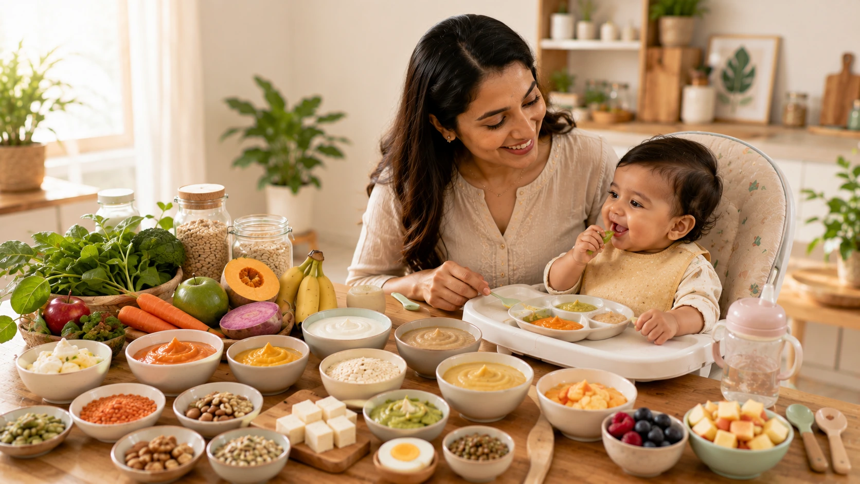Healthy baby enjoying nutritious foods with parents in a warm family setting supporting early childhood development