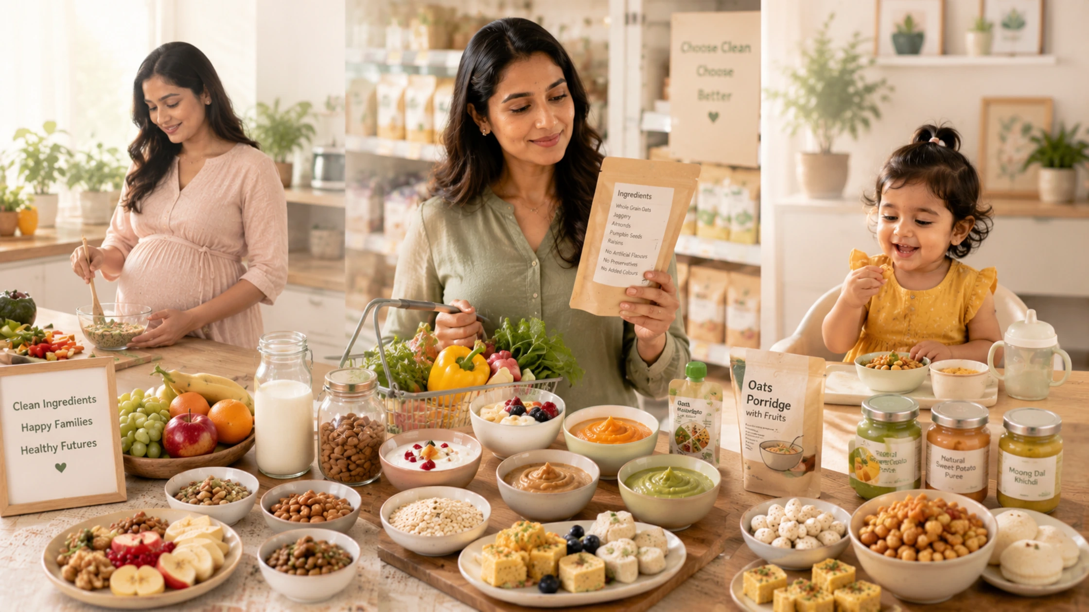 Parent reading food labels and comparing clean label food products for babies and toddlers