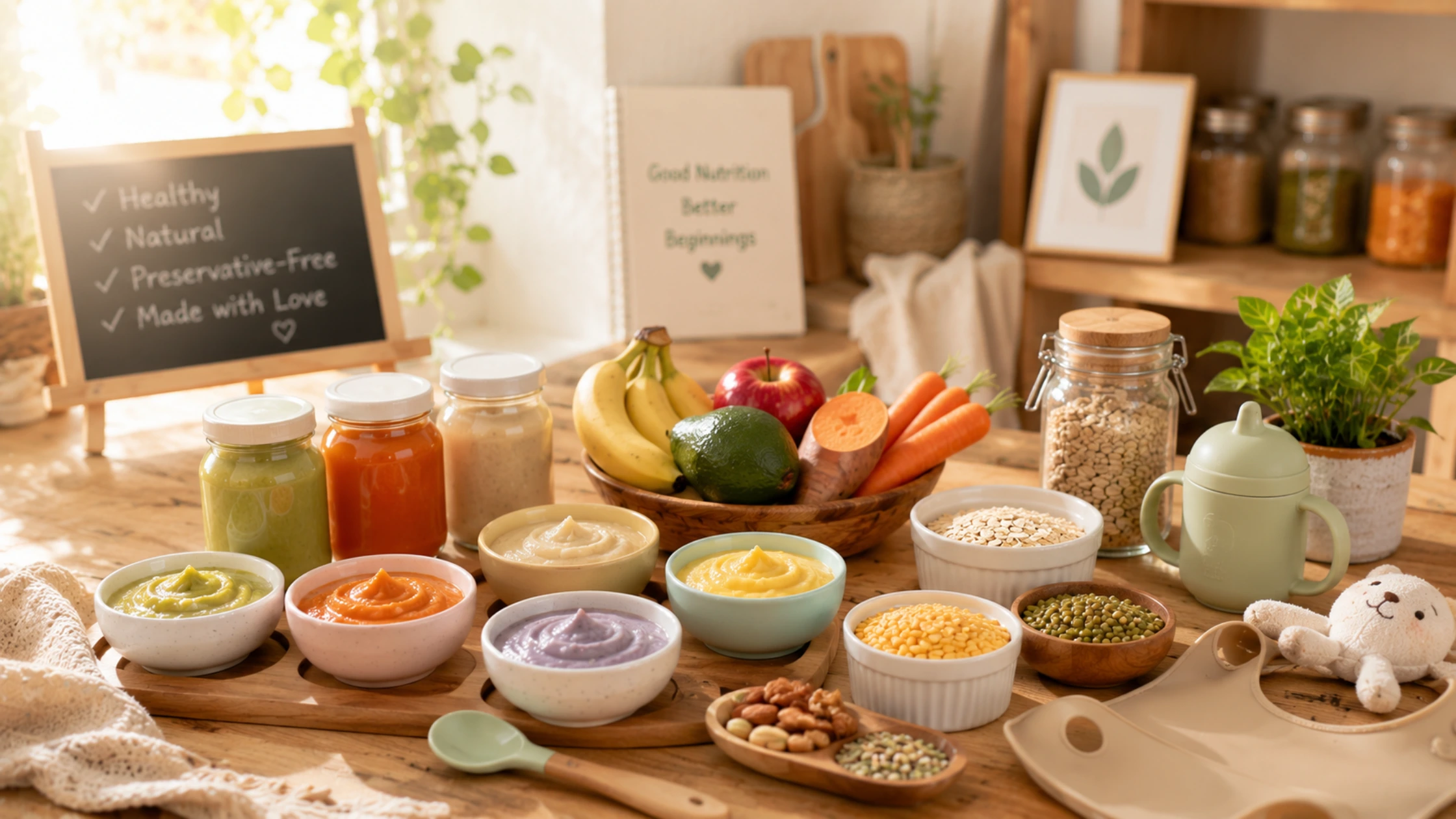 Parent preparing healthy baby food with simple ingredients for infant nutrition and development