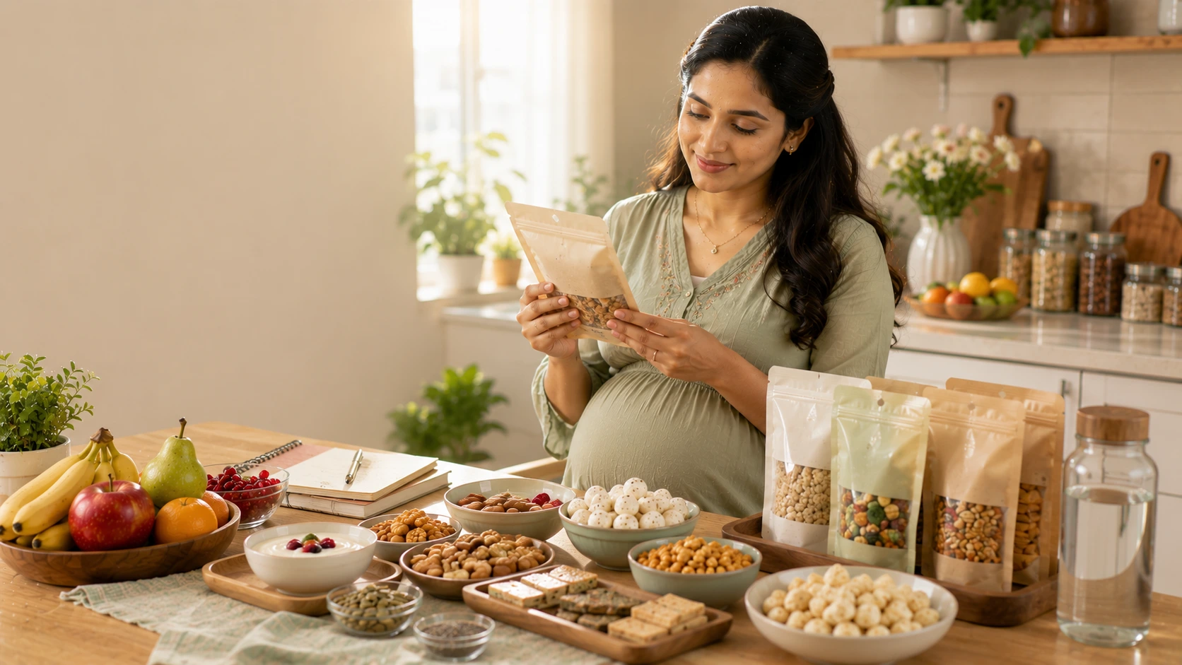 Pregnant woman comparing healthy packaged snacks and reading nutrition labels while grocery shopping