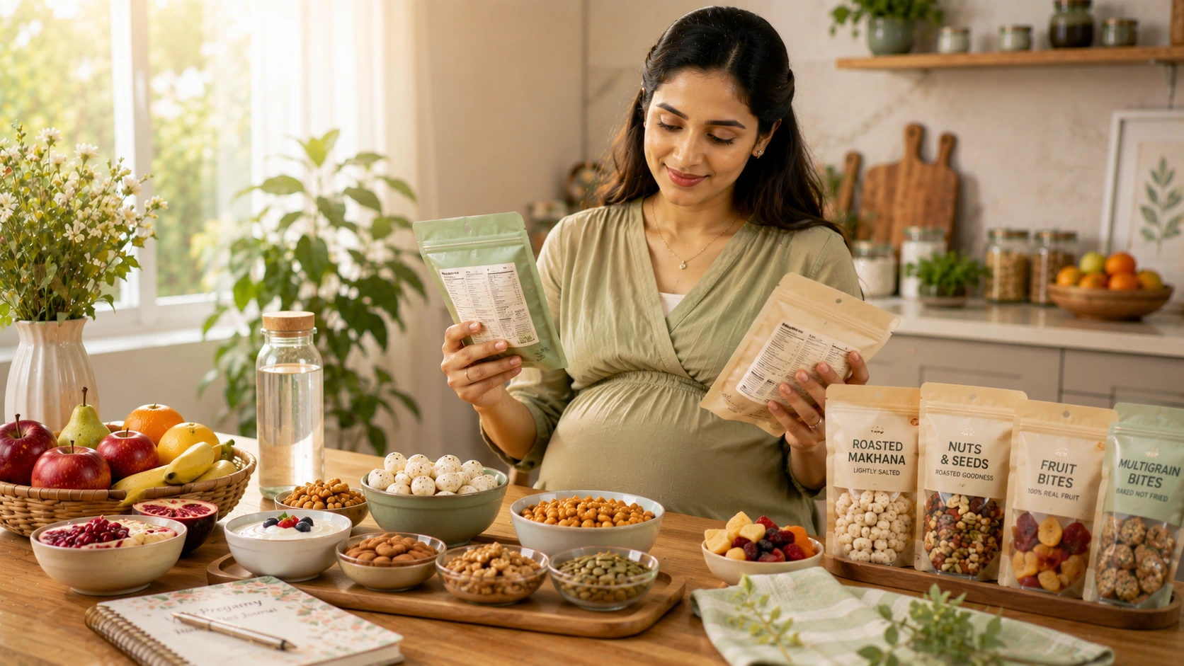 Pregnant woman reading snack packaging labels while selecting healthy packaged foods in a grocery store