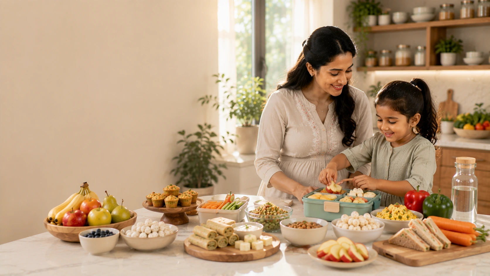 Indian mother comparing ingredient labels on healthy children's snacks while shopping in a supermarket.