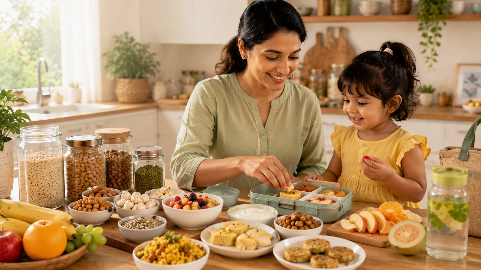 Parent choosing preservative-free healthy snacks for children while reading ingredient labels in a modern Indian kitchen