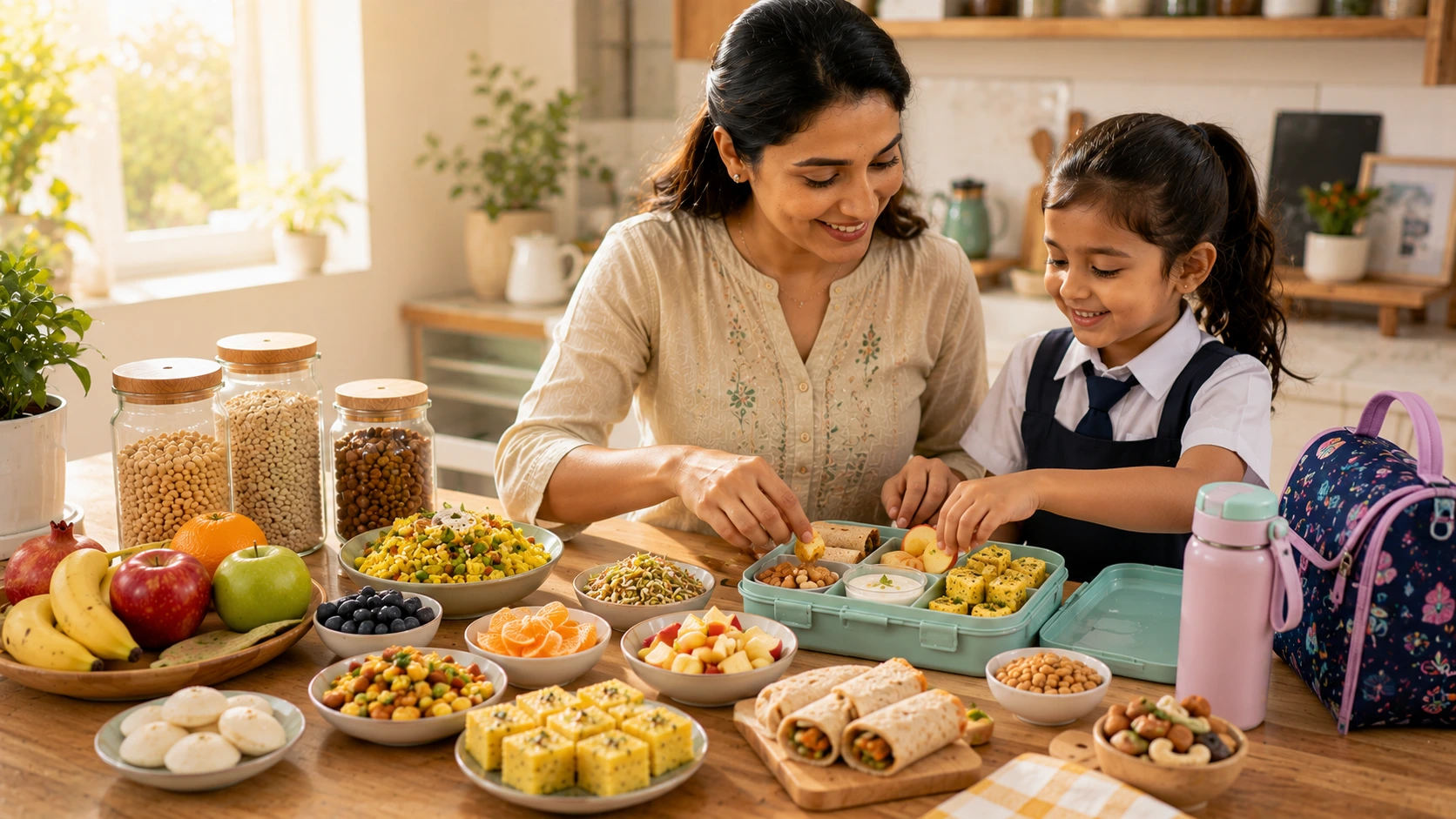 Colorful Indian school lunchbox filled with healthy snacks, fruits, and nutritious tiffin options for children