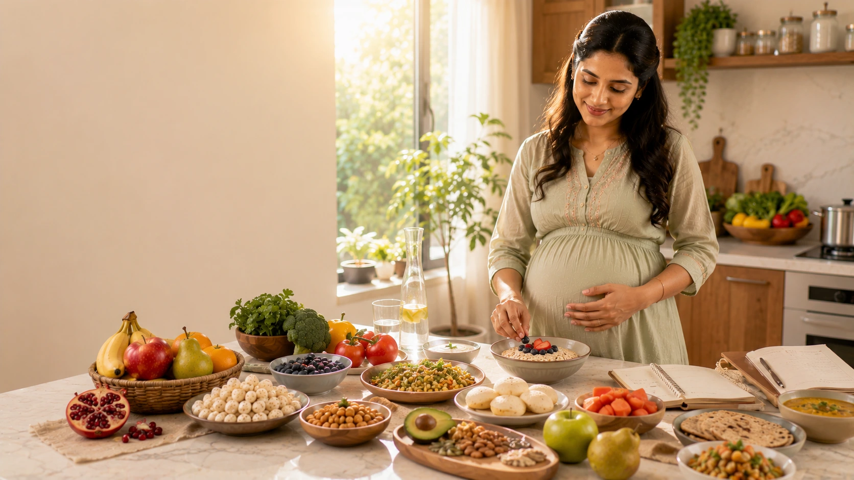 Pregnant woman enjoying a balanced meal with fruits, vegetables, whole grains, and healthy snacks in a bright modern kitchen.