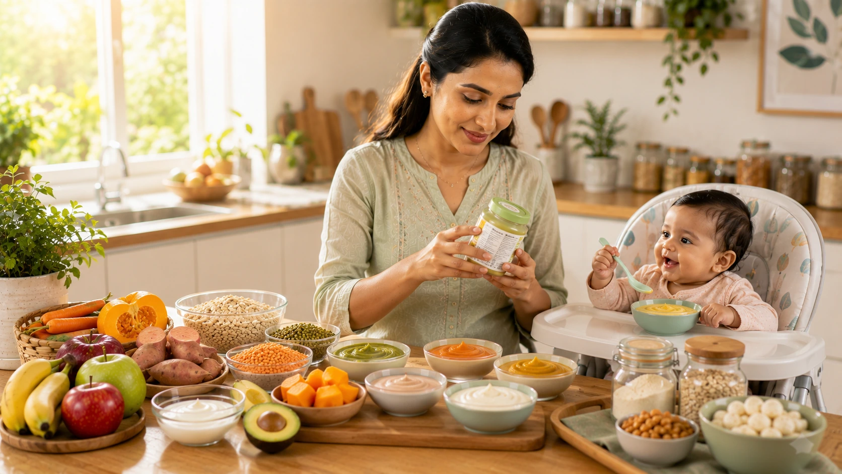 Mother reading baby food ingredients while feeding her baby with healthy preservative-free baby food options at home
