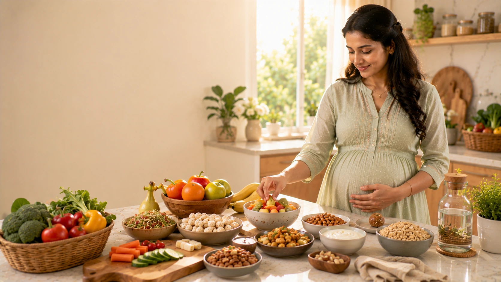Pregnant woman enjoying healthy snacks during pregnancy with fresh fruits, nuts, yogurt, and wholesome Indian foods for balanced maternal nutrition.