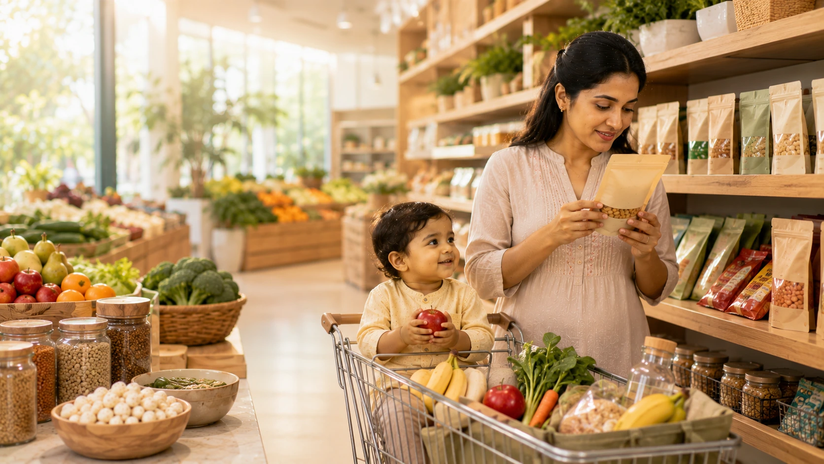 Parent reading a children's snack ingredient label while choosing preservative-free food in a grocery store.