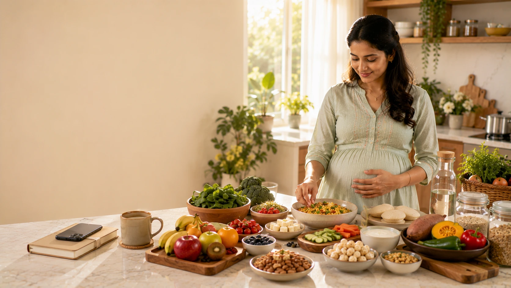 Pregnant Indian woman planning healthy meals with fresh fruits, vegetables, and nutritious snacks for a balanced pregnancy diet.